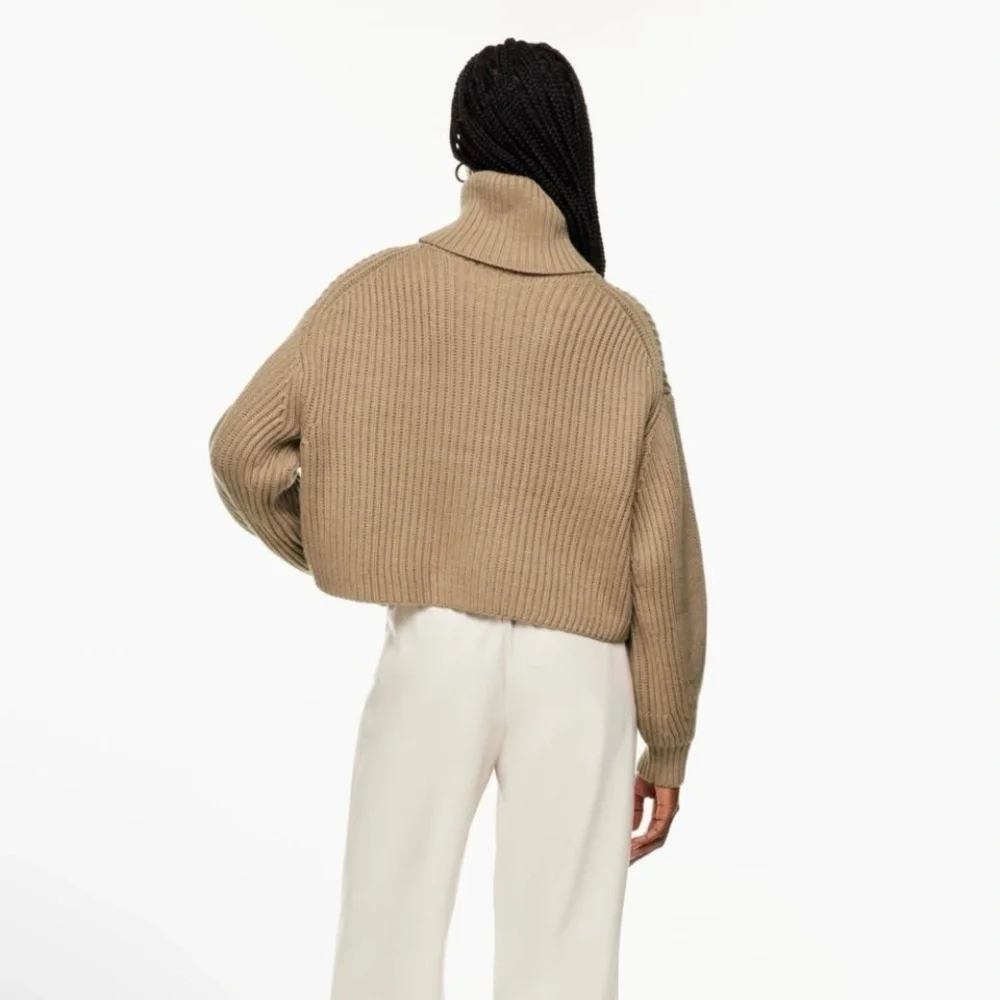 Aritzia Babaton Guell Funnel Neck Sweater Merino Wool Slouchy Turtleneck Camel L